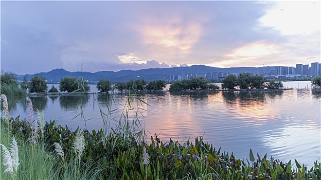 中國雲南昆明滇池草海壩河溼地日落晚霞風景