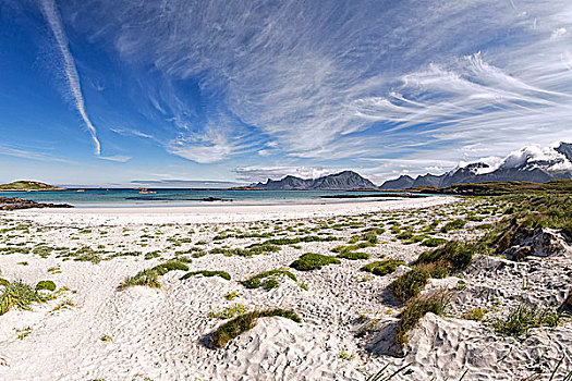 海滩,靠近,后面,山脉,岛屿,罗弗敦群岛,诺尔兰郡,挪威,欧洲