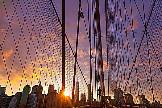 布鲁克林大桥,日落,曼哈顿,天际线,纽约,美国