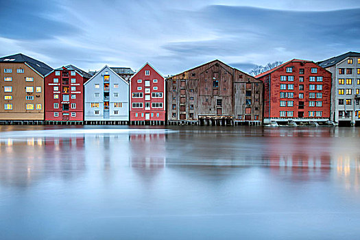 彩色,房子,反射,河,特隆赫姆,挪威,欧洲