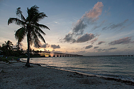 风景,海滩,轨道,桥,日落,佛罗里达礁岛群,佛罗里达,美国