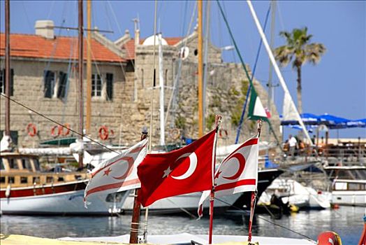 旗帜,塞浦路斯北部,土耳其,摆动,凯里尼亚