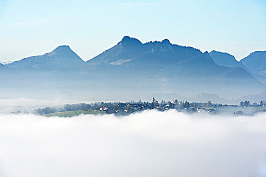 晨雾,山峦,上巴伐利亚,德国,欧洲