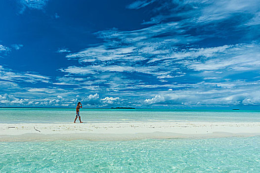 游客,走,小,沙子,细条,退潮,洛克群岛,帕劳,中心,太平洋