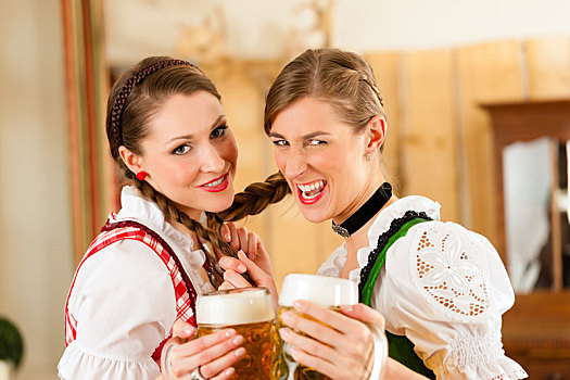 两个,美女,传统,巴伐利亚,餐馆,酒吧