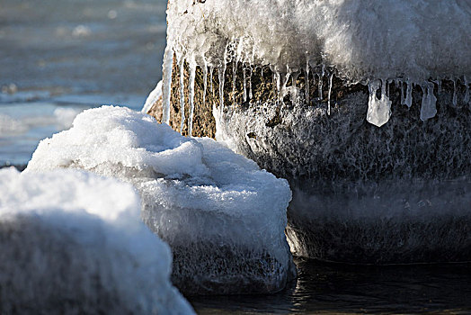 石头,波罗的海,冰柱,冬天