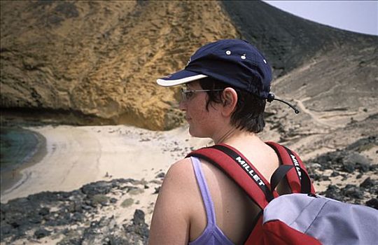 女人,背包,干盐湖,加纳利群岛,西班牙
