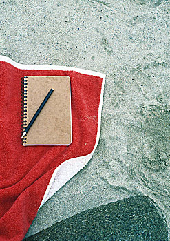 笔记本,海滩,毛巾