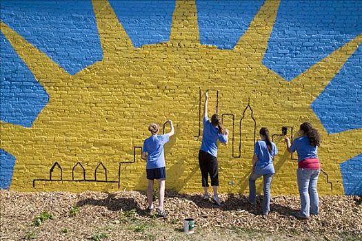 志愿者,夏天,城市,社区,改善,描绘,壁画,建筑,底特律,密歇根,美国