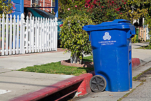 蓝色,垃圾桶,城市,洛杉矶,坚实,资源,再循环,垃圾,院子,巨大,物品,家,白天