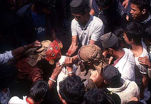 尼泊尔,加德满都,展示,信念,舞者,饮料,血,喉咙,山羊
