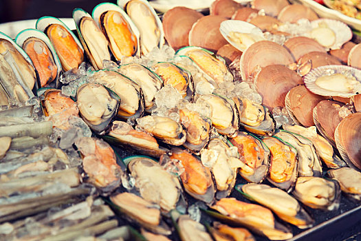 牡蛎,海鲜,冰,亚洲,街边市场