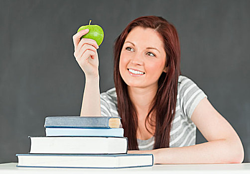 年轻,学生,教室,看,苹果