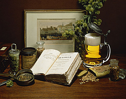 啤酒杯,古老,书本,蹦跳,麦芽,种子,框架,蚀刻