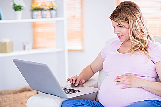 孕妇,笔记本电脑,在家,客厅
