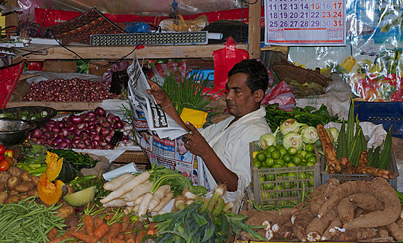 销售,读报,水果,市场,希卡杜瓦,斯里兰卡,亚洲
