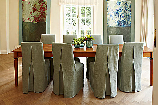 椅子,简单,亮光,灰色,长,木桌子,现代,餐厅,传统