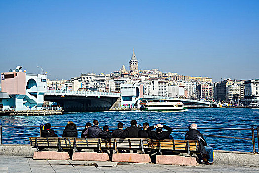 火鸡,土耳其,伊斯坦布尔,人群,加拉达塔,桥,远景