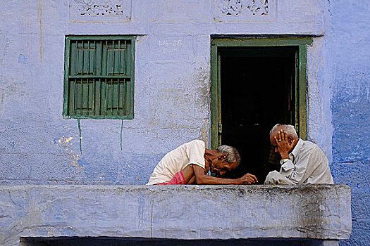 巷道,拉贾斯坦邦,印度,兴趣,两个男人,专注,讨论,斋浦尔,粉红,城市,蓝色,涂绘