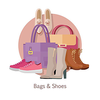 包,鞋,矢量,概念,风格,收集,女人,踝部,靴子,运动鞋,路夫鞋,皮革,插画,时尚,配饰,商店,广告,设计