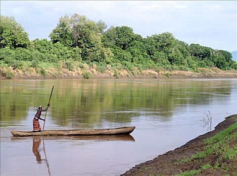 男人,杆,独木舟,奥莫河,小,部落,生活方式,三个,乡村,埃塞俄比亚西南部,家,一半,人口