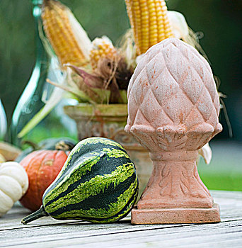 装饰,南瓜,赤陶,雕塑,玉米棒,花园桌