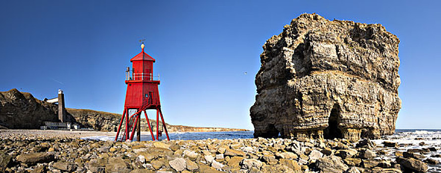 灯塔,旁侧,岩石构造,海岸线,南,泰恩-威尔,英格兰