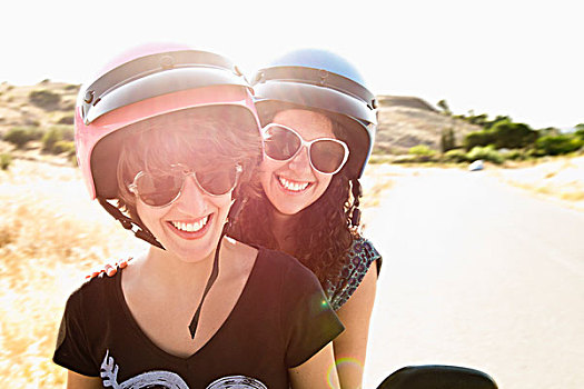 微笑,女人,骑,摩托车,一起