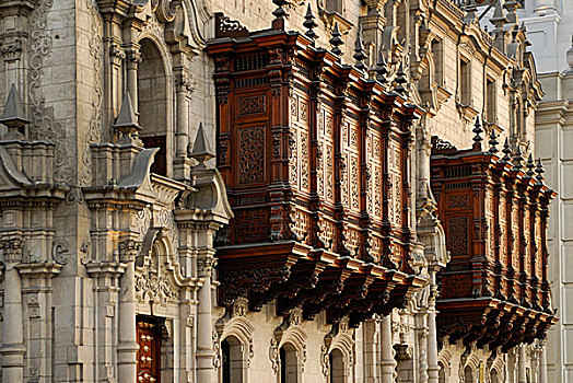 雕刻,雪松,木头,露台,宫殿,阿玛斯,利马,秘鲁,行政,总部,十二月,2008年
