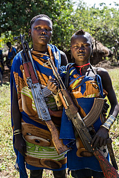 两个,美女,战士,头像,莫西部落,南方,区域,埃塞俄比亚,非洲
