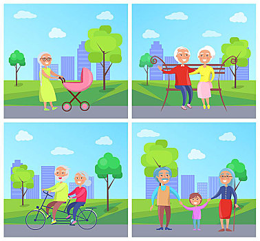 插画,祖父母,儿童,矢量,城市公园,背景,摩天大楼,奶奶,推,婴儿车,婴儿,骑,自行车
