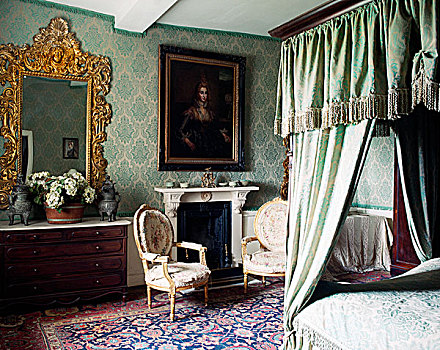 墙壁,卧室,四柱床,一对,路易十四,遮盖,黄金,绿色