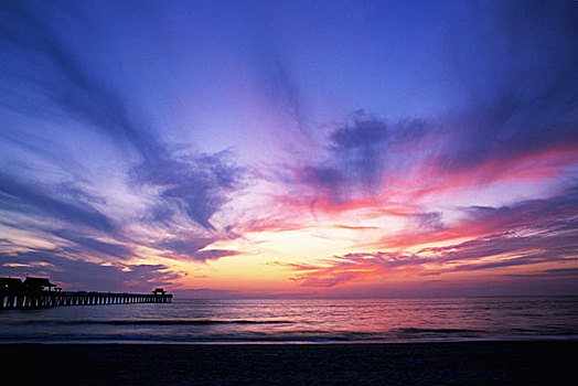 美国,佛罗里达,那不勒斯,码头,日落