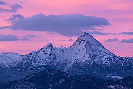 瓦茨曼山,日出,贝希特斯加登阿尔卑斯山,巴伐利亚,德国,欧洲