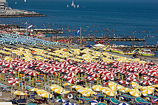 伞,太阳,躺椅,大量,旅游,海滩,卡奥莱,亚德里亚海,意大利,欧洲