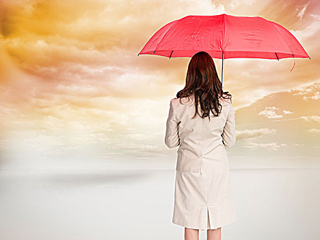 职业女性,站立,后面,拿着,红色,伞