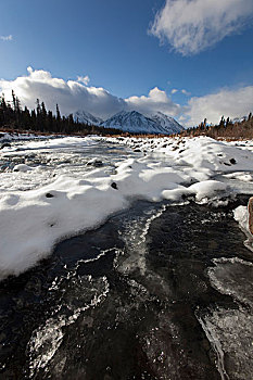 冰,雪,水,冰冷,溪流,山峦,克卢恩山脉,后面,克卢恩国家公园,自然保护区,育空地区,加拿大