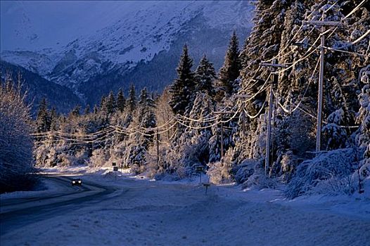 汽车,驾驶,雪盖,道路,阿拉斯加,冬天