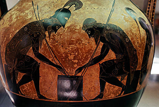 希腊,双耳器皿,特写,阿贾克斯,玩,6世纪,世纪,艺术家