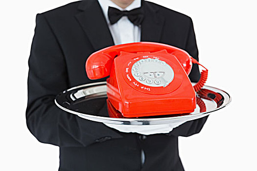 服务员,拿着,红色,拨号,电话,银色托盘