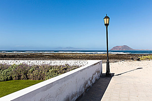 墙壁,路灯柱,海滩,岛屿,远景,科拉莱霍,富埃特文图拉岛,加纳利群岛,西班牙