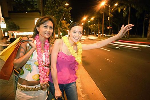 夏威夷,瓦胡岛,檀香山,两个,女性,日本,游客,打车,怀基基海滩