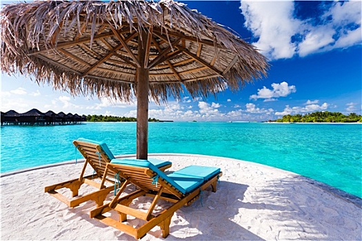 两个,椅子,伞,热带沙滩