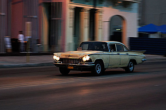 出租车,美洲,老爷车,驾驶,马雷贡,黎明,哈瓦那,古巴,北美