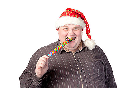 愉悦,肥胖,男人,圣诞帽