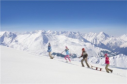 家庭,拉拽,雪撬,上坡,山,背景