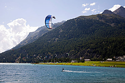风筝,冲浪,湖,恩加丁,山谷,瑞士,欧洲