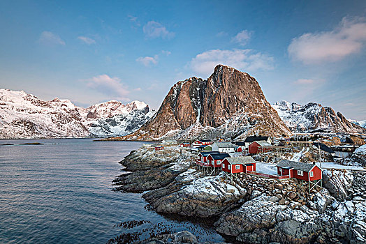 捕鱼,小屋,正面,雪山,冬天,罗弗敦群岛,挪威,欧洲