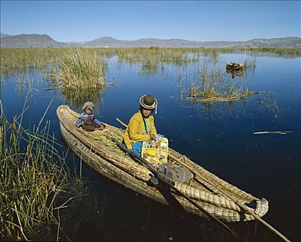 提提卡卡湖,母子,坐,传统,芦苇,船,秘鲁