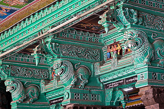 绿色,涂绘,柱子,神话,生物,安曼,庙宇,马杜赖,泰米尔纳德邦,印度,亚洲